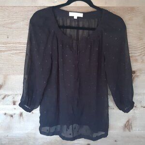 Loft Sheer Black Top with Polka Dots Tie at Neck